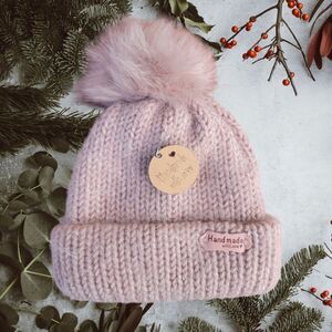 Handmade Knit Light Pink Newborn Beanie with Pom Pom